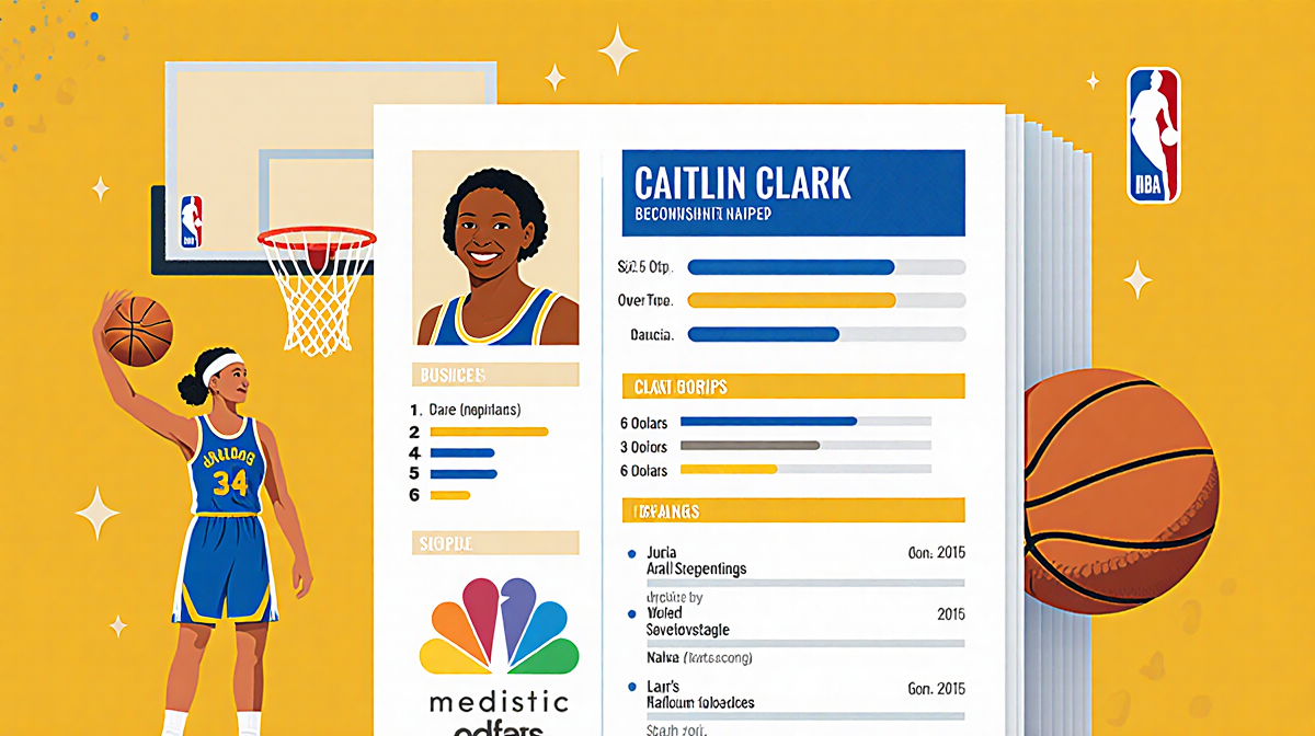 Illustration shows Caitlin Clark's basketball resume with bold headings and a mini hoop graphic.