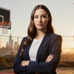 Caitlin Clark standing confidently with sunset glow and basketball hoop in foreground and city skyline in background