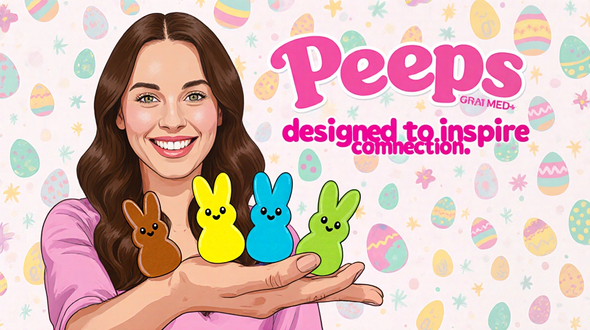 Caitlin Servian holding colorful Peeps candies with Easter pattern background and playful typography reading designed to insp