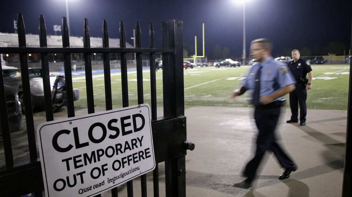 Coach walks away from locked middle school football stadium with closed sign and police officers standing near entrance gate