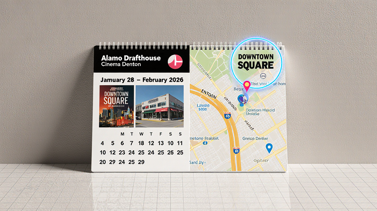 Calendar planner highlights dates with bold colors and a glow for virtual event and Alamo Drafthouse and Downtown Square icon
