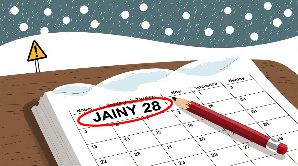Calendar on desk slightly disheveled with Jan 28 circled in red as exempt and snow in background