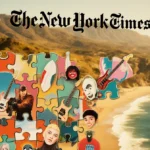 Colorful puzzle pieces form a California coastline grid with guitar, mask, and surfboard icons under warm golden light