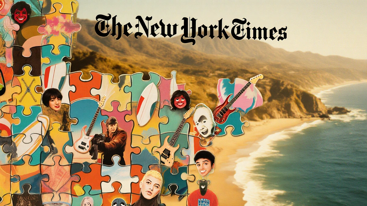 Colorful puzzle pieces form a California coastline grid with guitar, mask, and surfboard icons under warm golden light
