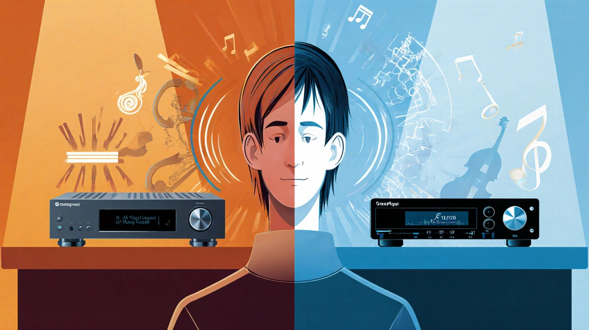 Man comparing CD player with warm tones against Streamplayer with cool colors showing sound quality difference