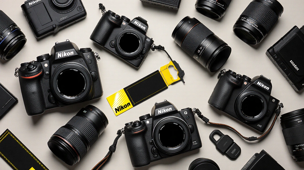 Camera collection arranged on photography backdrop with scattered lenses and accessories showing discount tags