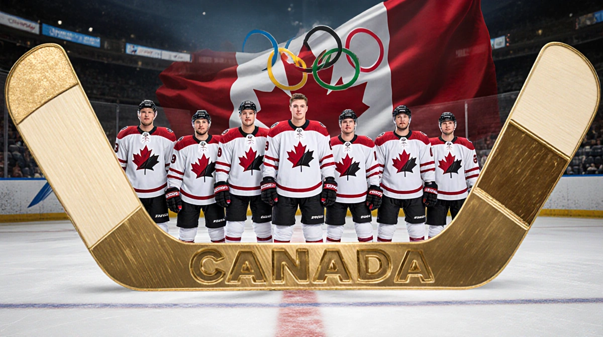 Canada hockey team standing in V-formation with Connor McDavid center and gold stick on landscape and Olympic rings