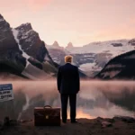 Silhouetted figure stands at Canadian mountain lake with abandoned briefcase and border marker against dusk sky