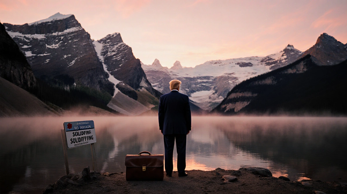 Silhouetted figure stands at Canadian mountain lake with abandoned briefcase and border marker against dusk sky