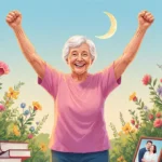 Senior celebrating cancer recovery with arms raised in triumph with blooming garden and crescent moon in soft blue sky