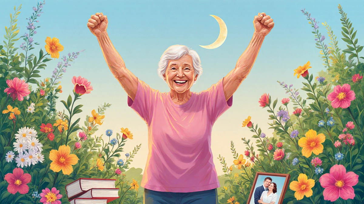 Senior celebrating cancer recovery with arms raised in triumph with blooming garden and crescent moon in soft blue sky