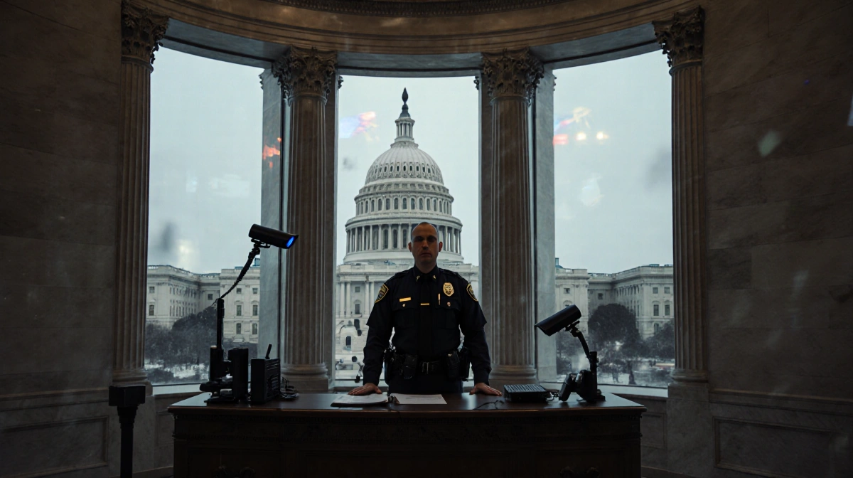 Capitol Police officer standing at desk with advanced security equipment and surveillance cameras in the Capitol interior
