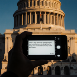 Person holding smartphone with threatening message near blurred Capitol building at dusk with security concerns
