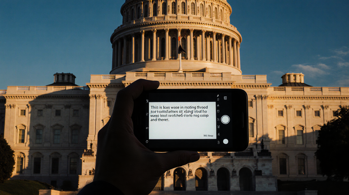 Person holding smartphone with threatening message near blurred Capitol building at dusk with security concerns