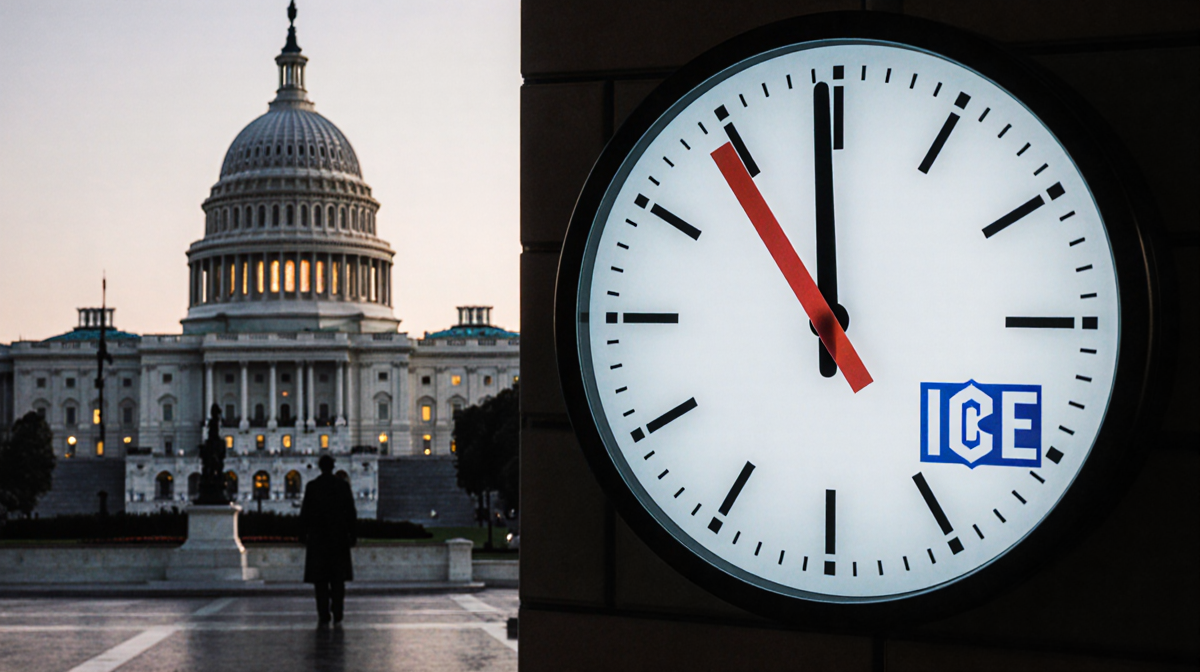 Clock displaying 12:00 PM with a red X indicating shutdown on a blurred US Capitol background with ICE elements