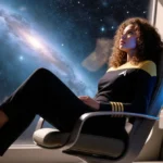 Captain Nahla Ake lounges barefoot on futuristic chair with galaxy view through window and blue console glow