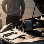 Air filter removed from car engine with tools scattered on ground and person walking away