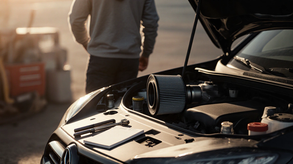 Air filter removed from car engine with tools scattered on ground and person walking away