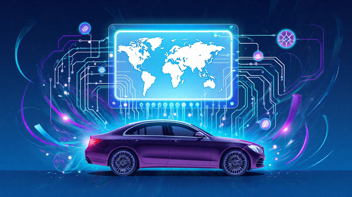 Car computer system glowing with data streams and sensors connecting to central hub showing vehicle systems