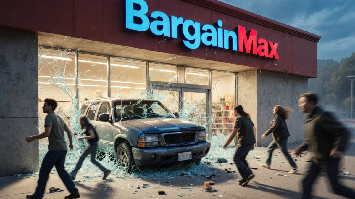 Car crashes into BargainMax storefront with shattered glass and people evacuating the Boone store