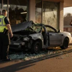 Mangled car crashes into North Carolina convenience store with police officer surveying damage and surrendering man walking a