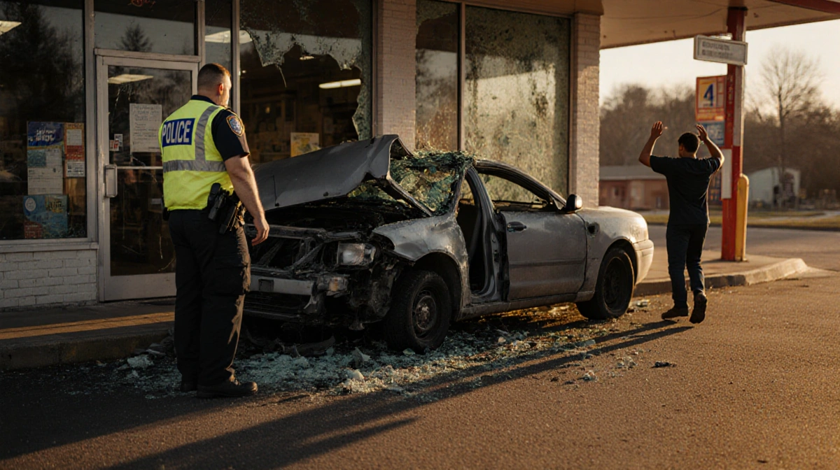 Mangled car crashes into North Carolina convenience store with police officer surveying damage and surrendering man walking a
