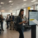 Customers hesitate at car dealership with phones and contracts while digital screens show online ordering