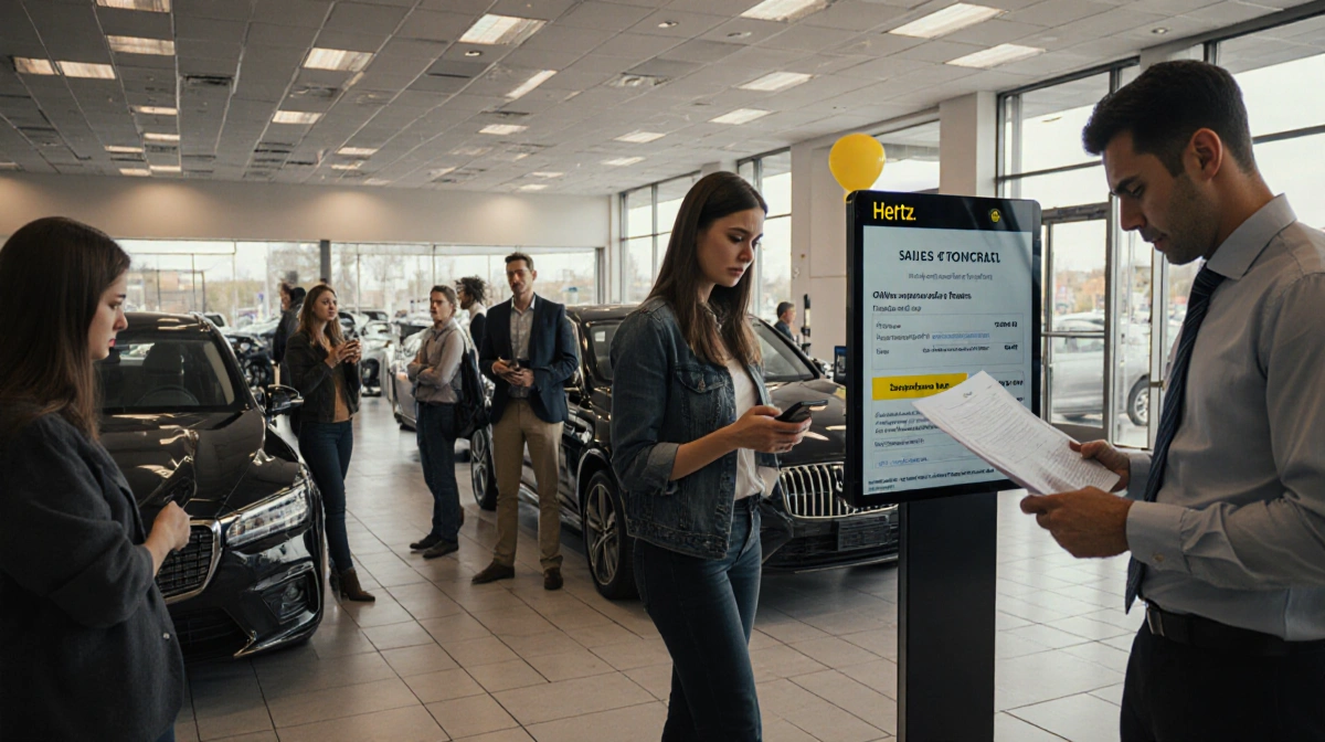 Customers hesitate at car dealership with phones and contracts while digital screens show online ordering