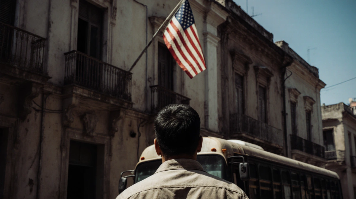 Bus driver standing with back to viewer and eyes looking upward with faded American flag behind in Caracas street