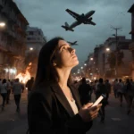 Woman frozen in shock clutching phone and staring up at sky with firelit streets of Caracas at dusk.