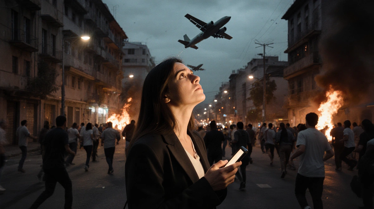 Woman frozen in shock clutching phone and staring up at sky with firelit streets of Caracas at dusk.