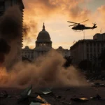 Dust rises from damaged government building at dusk with burning car and hovering helicopter over Caracas skyline.