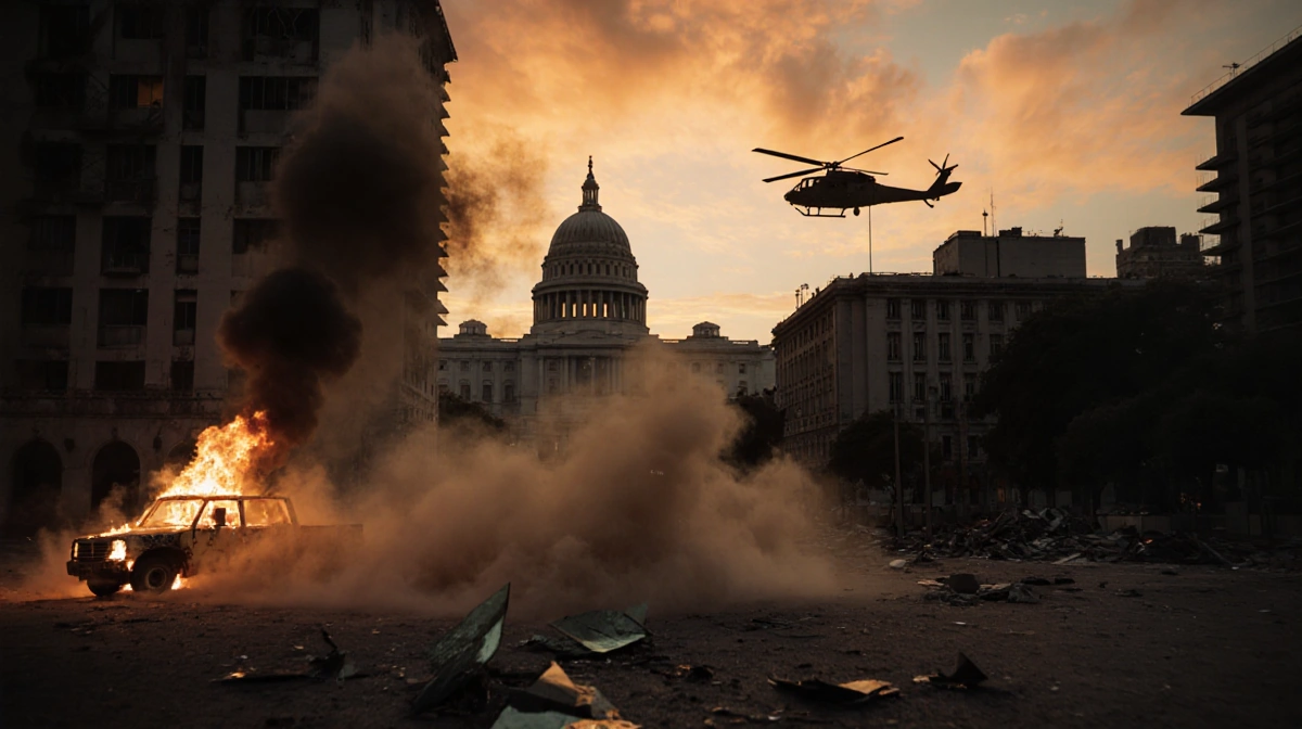 Dust rises from damaged government building at dusk with burning car and hovering helicopter over Caracas skyline.