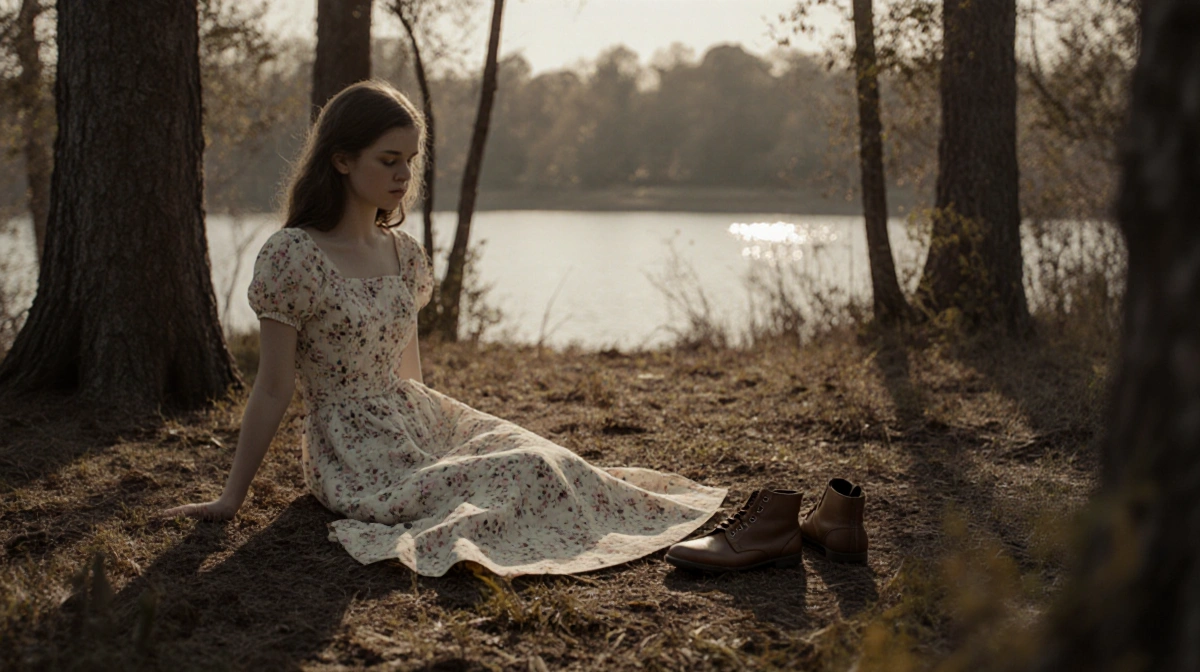 Young woman's abandoned shoes and dress lie on forest floor with high school dance banner visible through trees