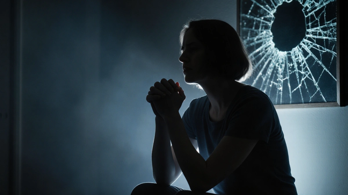 Carol sits alone with a spotlight on her face and clasping hands while a shattered mirror reflects broken trust.