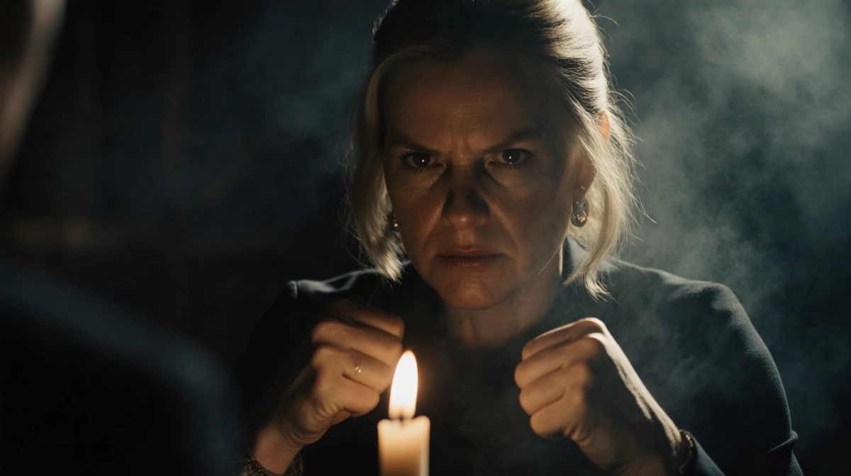 Rhea Seehorn sits with clenched fists and narrowed eyes lit by a flickering candle in a smoky room