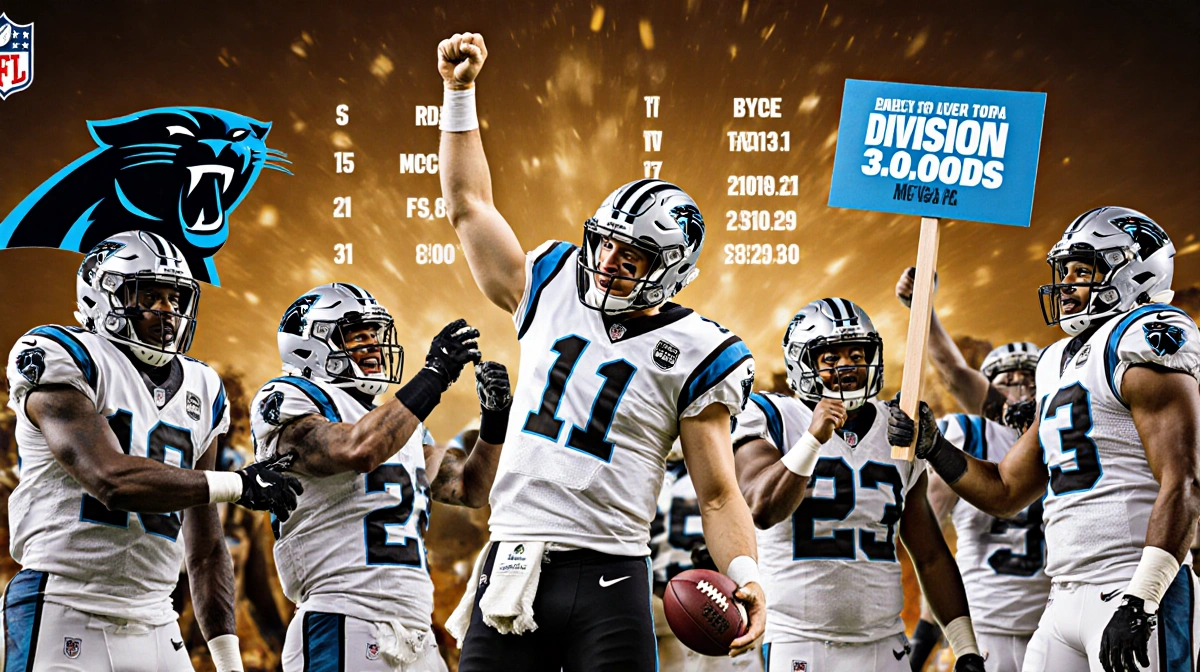 Carolina Panthers celebrate division title with quarterback Bryce Young holding a football while NFC South logo is behind the