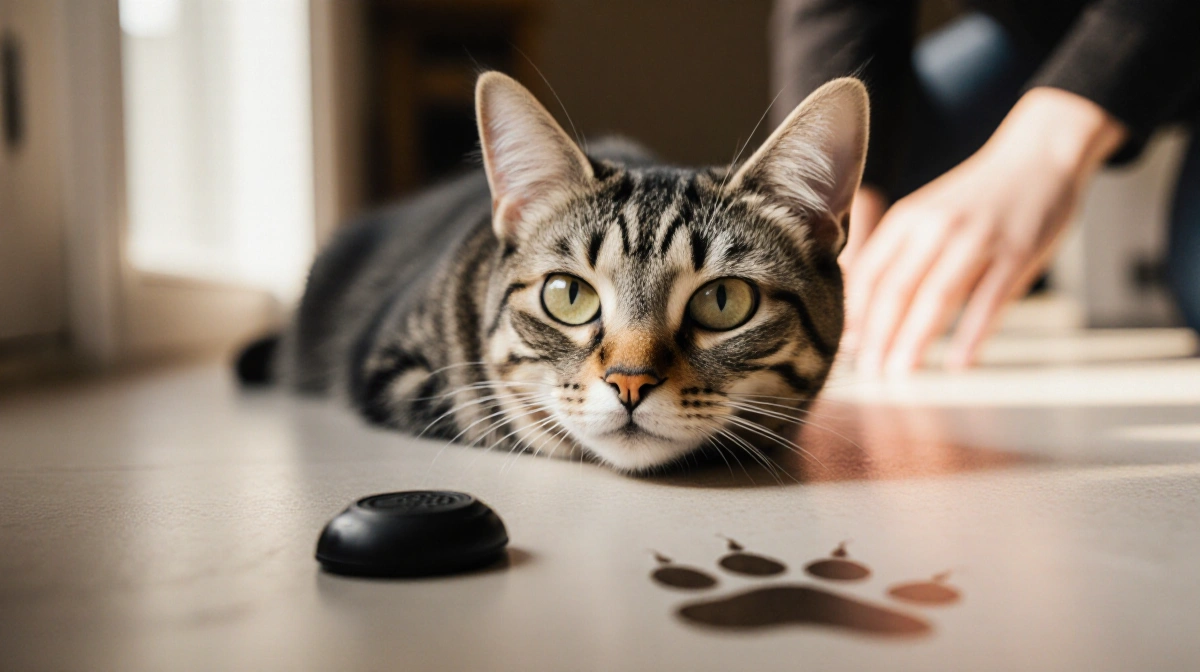 Curious cat gazing upward at a fallen AirTag with a paw print covering it and a reflection of a worried owner