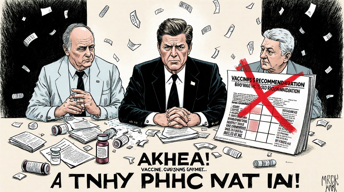 Chairperson RFK Jr. sternly addresses a chaotic CDC meeting with papers scattered and a red X across a vaccine recommendation