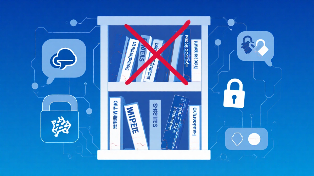Locked bookshelf with red X mark shows banned books about mental health and online safety with Meta logo and digital lock sym