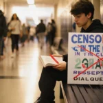 Student sits on bench with censorship signs and banned book showing determination