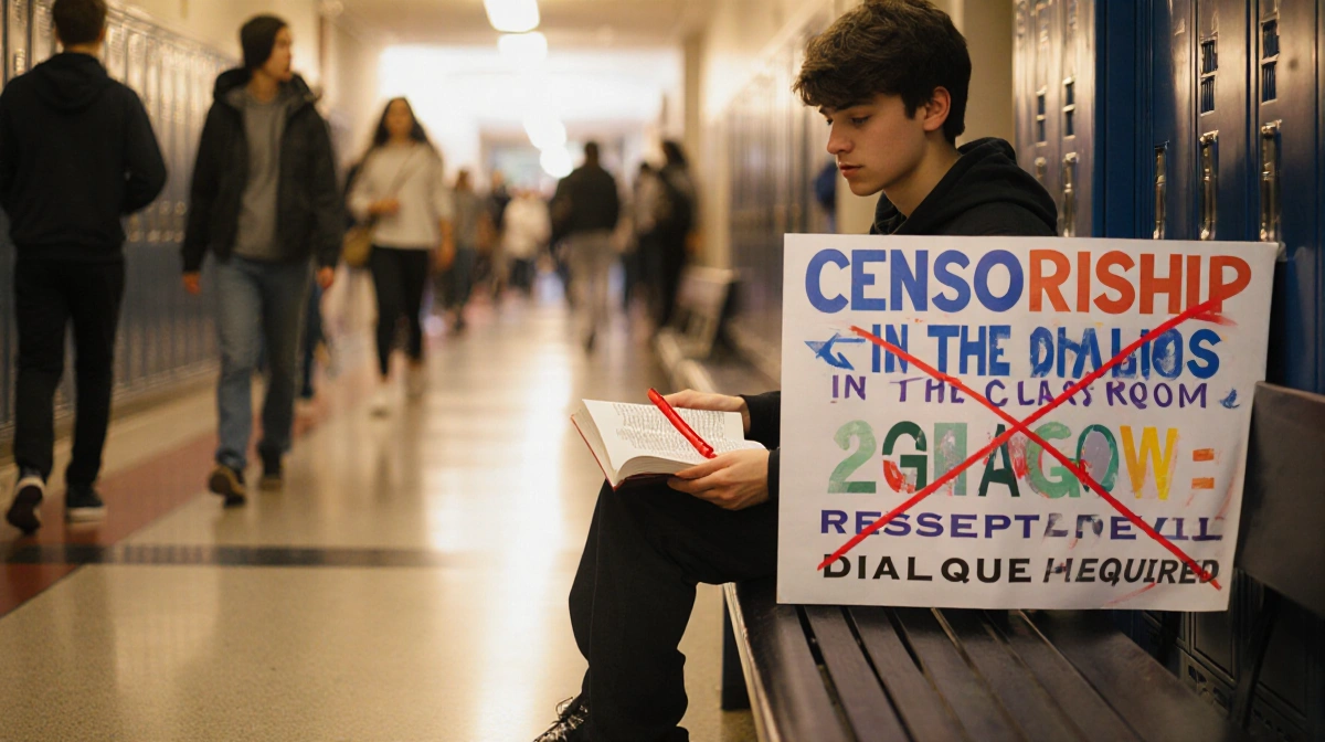 Student sits on bench with censorship signs and banned book showing determination