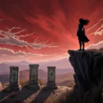 Silhouetted woman stands on cliff edge with blood-red sky and ancient stone pedestals bearing cryptic symbols