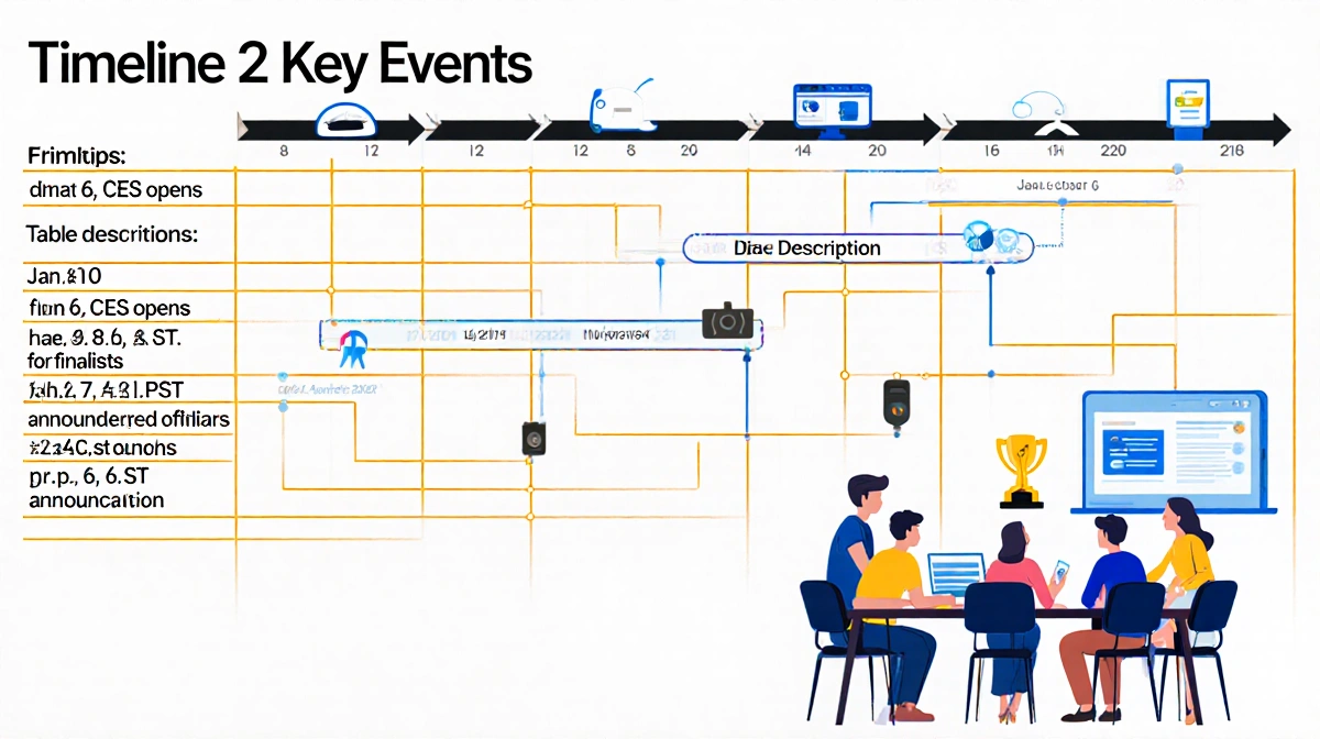 People gather around a table displaying a CES 2026 timeline with dates and modern screens