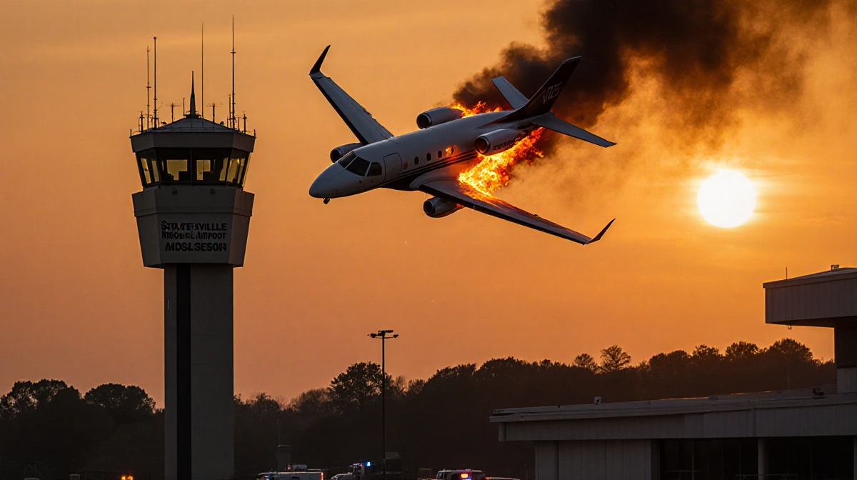 Cessna C550 business jet descending with left side engulfed in flames and emergency vehicles visible near Statesville Regiona