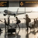 Travelers rushing to catch flights with abandoned luggage cart in airport terminal and suspended plane in background