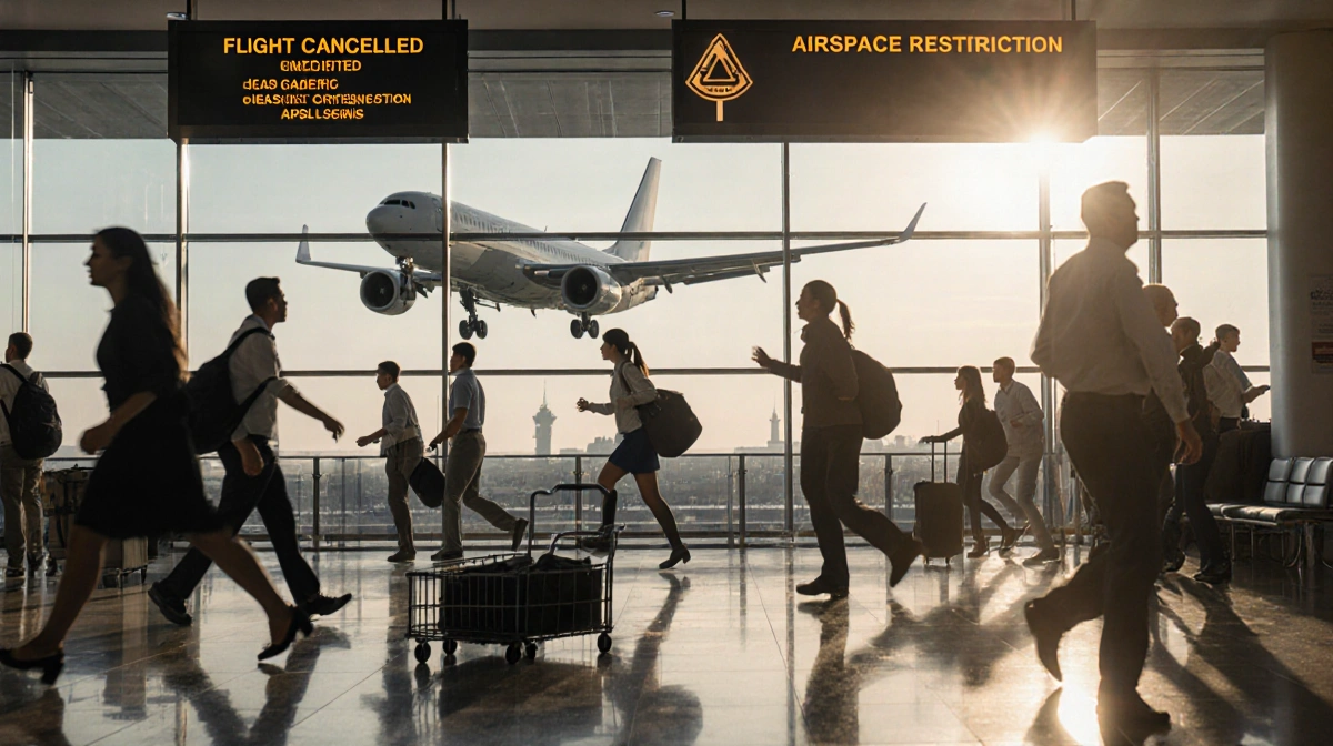 Travelers rushing to catch flights with abandoned luggage cart in airport terminal and suspended plane in background