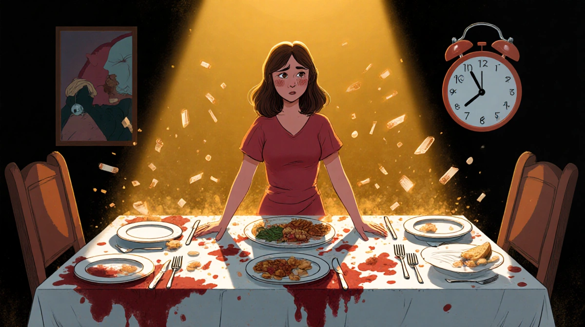 Overwhelmed mother preparing dinner with scattered utensils and spilled food on stained tablecloth with timer ticking