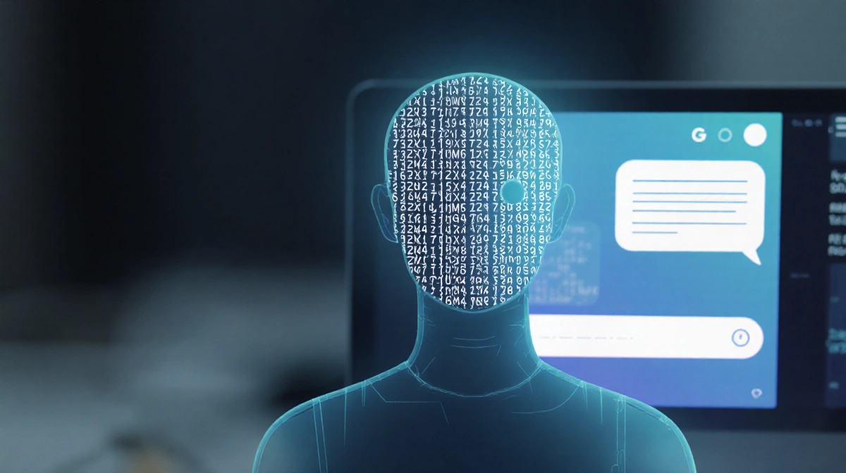 Chatbot interface with digital avatar and faint pattern overlay showing minimalist text exchange