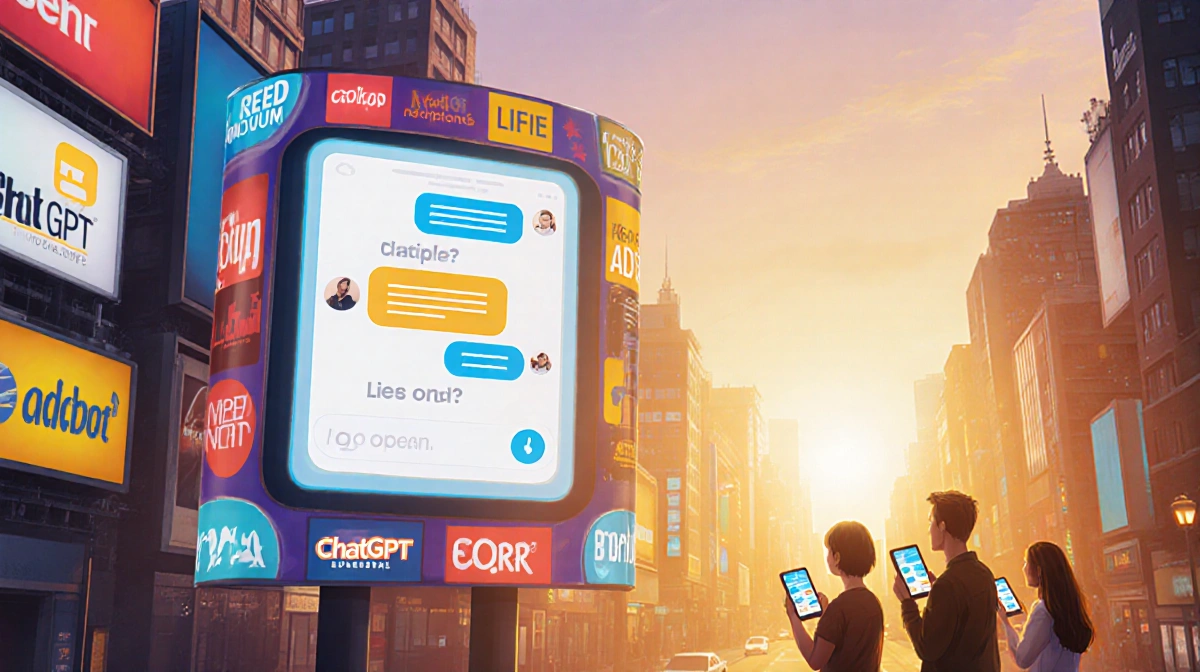 ChatGPT interface glows like a city skyline with colorful ads while users check phones near the digital billboards